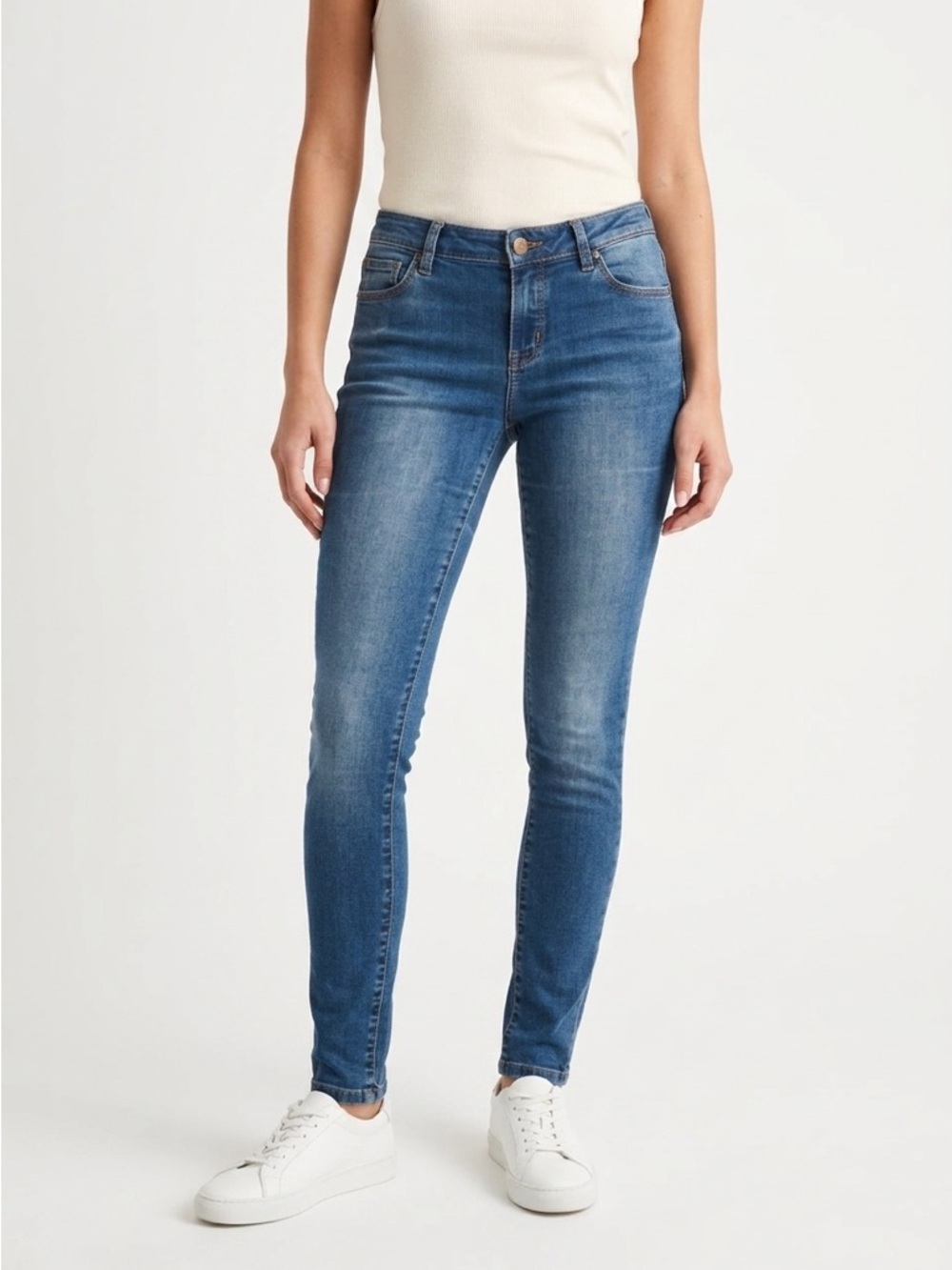 Massimo Dutti Skinny Fit Jeans Whiskered Faded Denim Medium Wash Blue Size 4